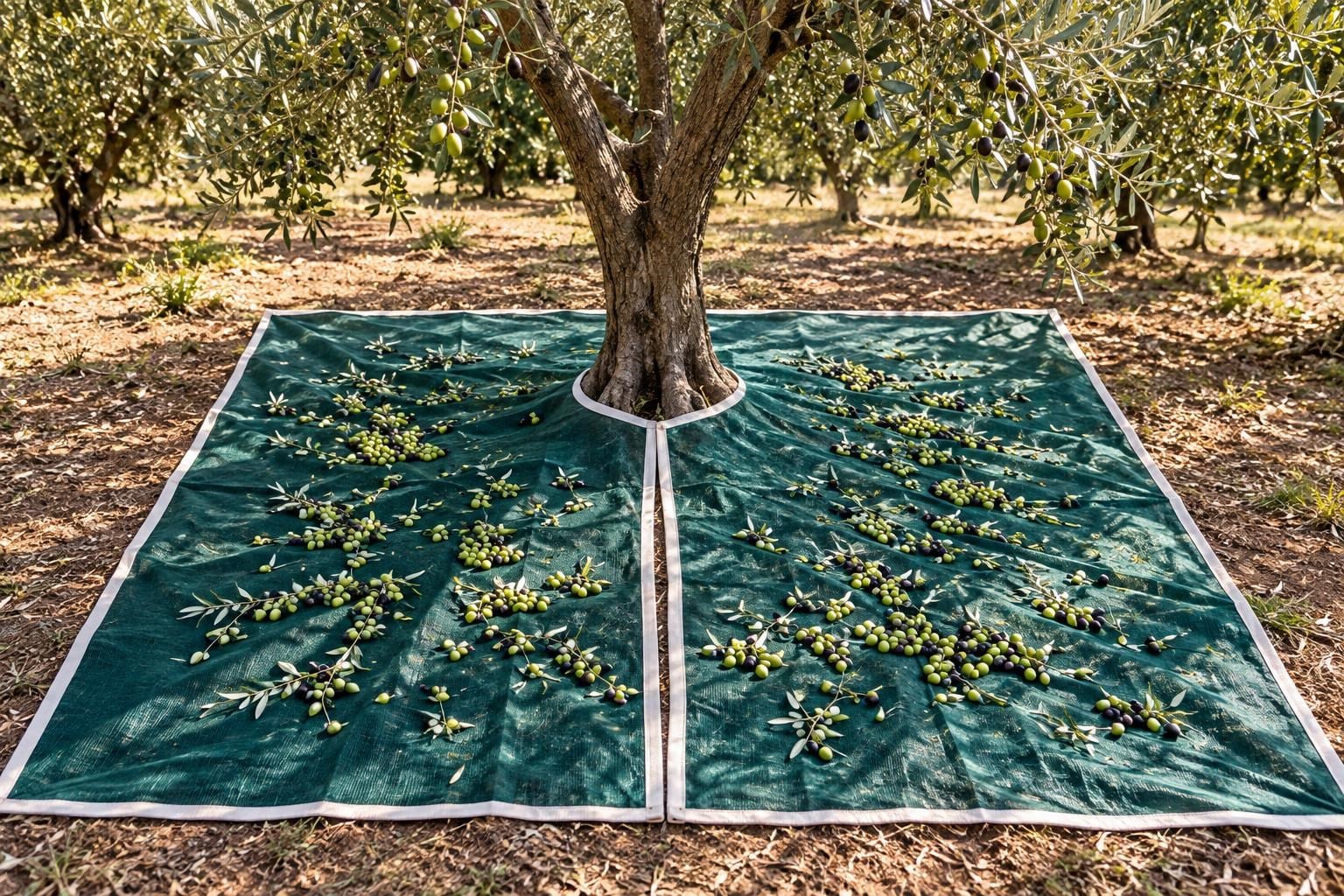 Ağaca Geçirmeli Zeytin Toplama Örtüsü - 75lik - Yeşil - Şeritli Kuşgözü Halkalı 