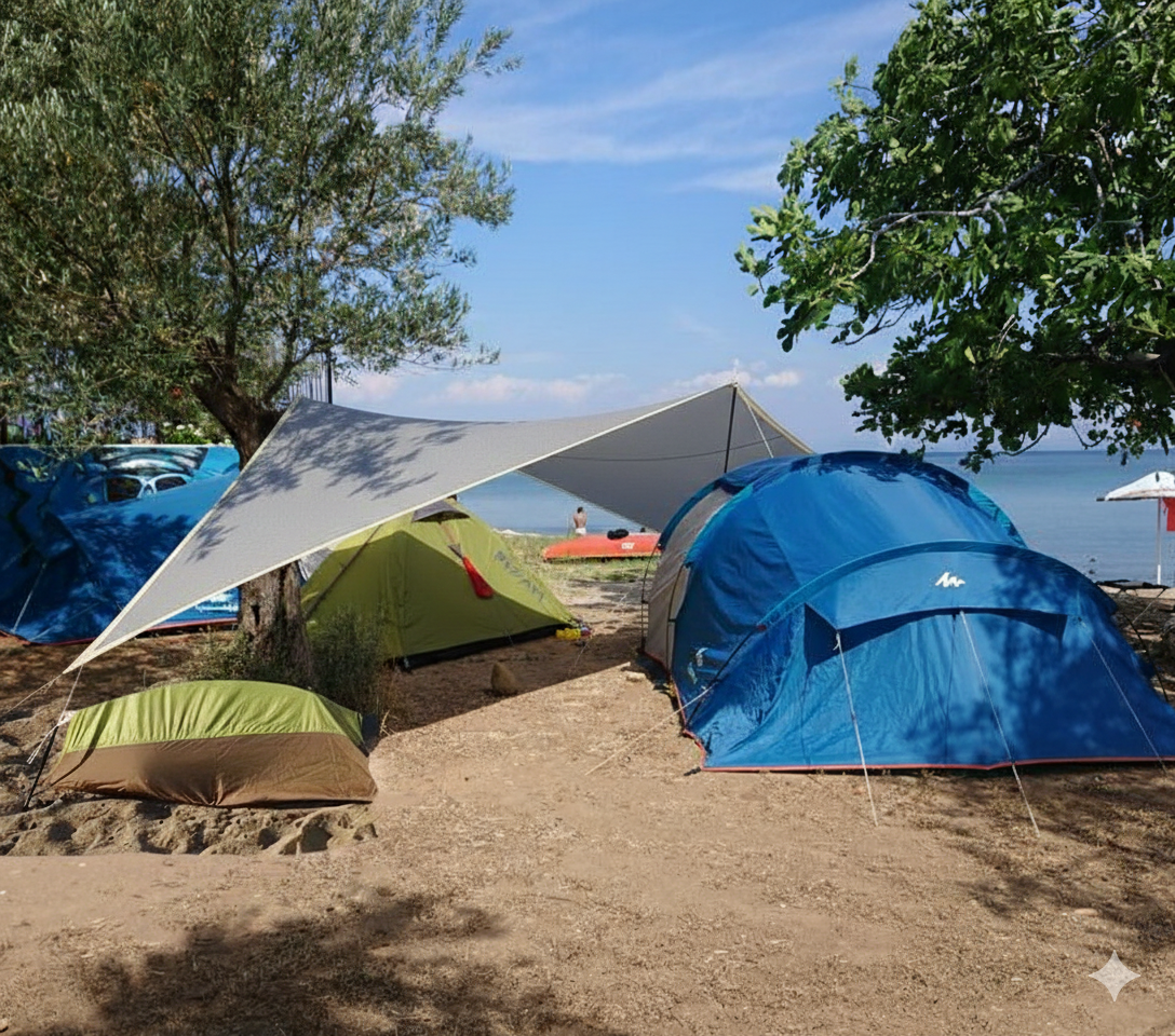 Kamp ve Plaj Gölgeliği - 95lik 140 gram/m2 - Gri - Şeritli ve Kuşgözü Halkalı 