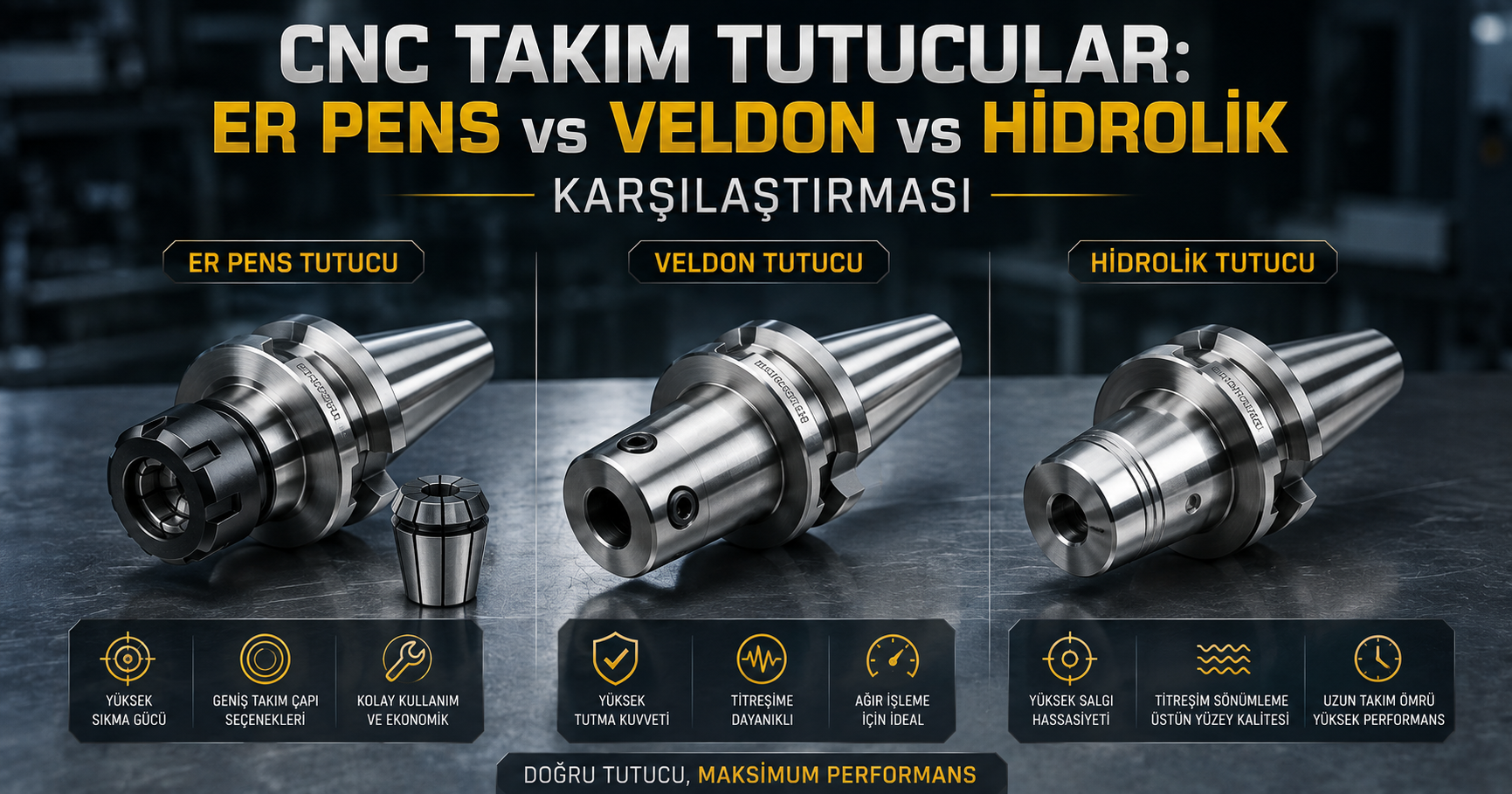 CNC takım tutucu çeşitleri ER pens veldon ve hidrolik tutucu karşılaştırması
