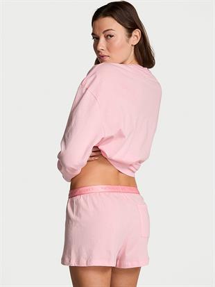 %100 Pamuklu Işıltılı Detaylı Uzun Kollu Şortlu Pijama Takımı