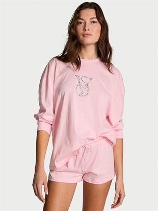 %100 Pamuklu Işıltılı Detaylı Uzun Kollu Şortlu Pijama Takımı