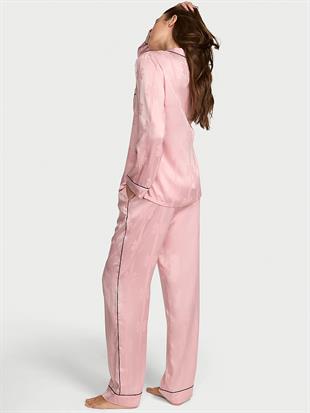 Glazed Saten Fiyonklu Çizgili Uzun Pijama Takımı
