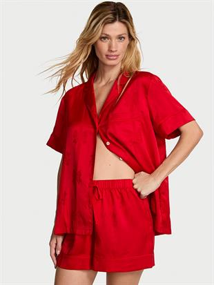 Glazed Saten Fiyonklu Şortlu Pijama Takımı