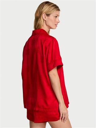Glazed Saten Fiyonklu Şortlu Pijama Takımı