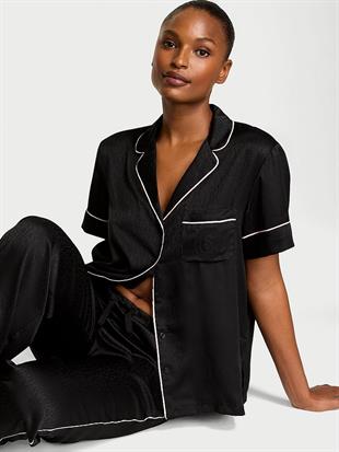 Glazed Saten Kısa Kollu Uzun Pijama Takımı