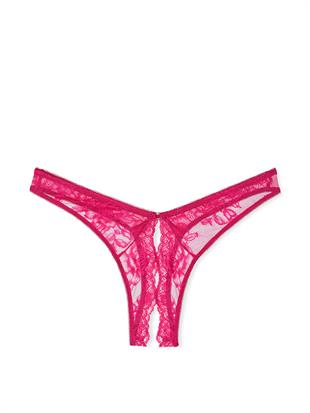 Gül Dantelli Derin Bacak Kesim Crotchless Tanga