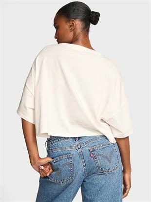 Logolu Pamuklu Oversize Crop Tişört