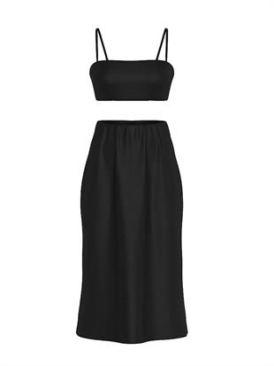 Lüks Saten Crop Bandeau Üst ve Etek Takımı