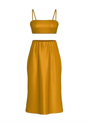 Lüks Saten Crop Bandeau Üst ve Etek Takımı