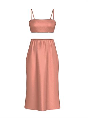 Lüks Saten Crop Bandeau Üst ve Etek Takımı