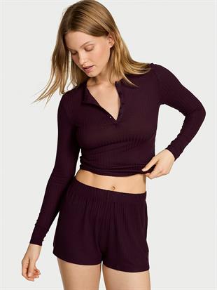 Modal Dokulu Uzun Kollu Şortlu Pijama Takımı