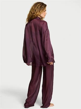 Transparan Saten Uzun Pijama Takımı