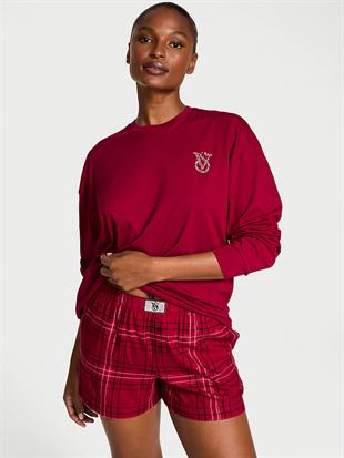 Uzun Kollu Tişört Şort Flannel Pijama Takımı