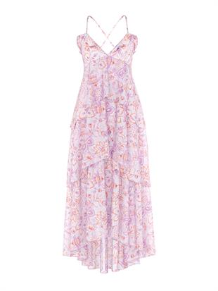 Vintage Blossom Şifon Volanlı Uzun Elbise