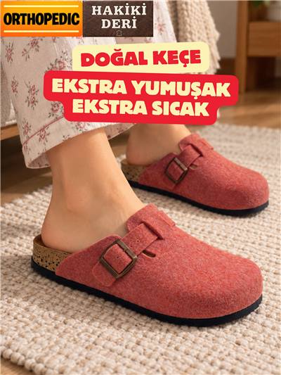 Doğal Keçeli Ortopedik Hakiki Deri Kışlık Ev Terliği Tokalı 9 Dokunuş