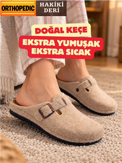 Doğal Keçeli Ortopedik Hakiki Deri Kışlık Ev Terliği Tokalı Mekval dikişli 9 Dokunuş