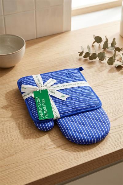 Be-28454-Bl  %100 Pamuk Mavi Çizgili 17*30 Cm-20*20 Cm (Eldiven Ve Tutaç) Mutfak Seti