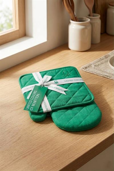 Be-28455-Gr  %100 Pamuk Yeşil Düz 17*30 Cm-20*20 Cm (Eldiven Ve Tutaç)  Mutfak Seti