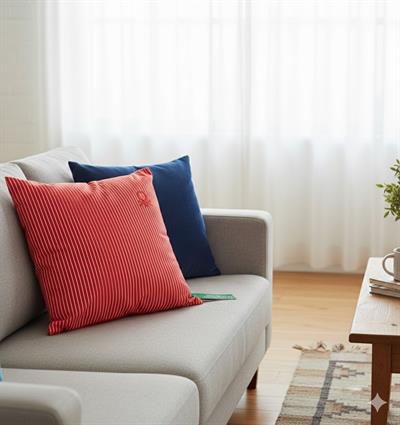 Benetton 100% Pamuk 45*45 Cm Çizgili Kırlent Dolu Kırmızı Çizgili