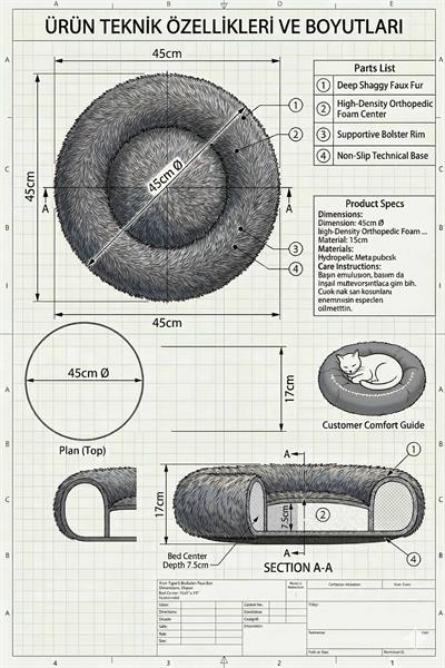 BNTMKT-0012-GR Uzun Kürklü Donut Kedi&Köpek Yatağı Yeşil 45 CM