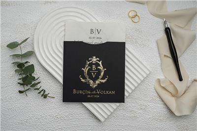 Altın Yaldızlı Siyah Zarflı Kare Davetiye