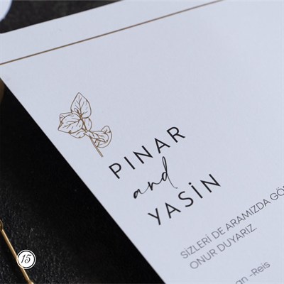 Asimetrik Köşe Kesimli Çizgisel Okaliptüs Yaprağı Motifli Düğün Davetiyesi
