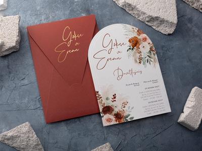 Bordo Renk Yaldız Zarflı Çiçekli Davetiye