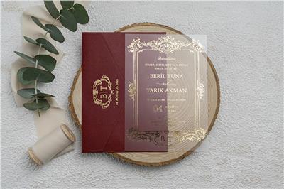 Bordo Zarflı Şeffaf Davetiye