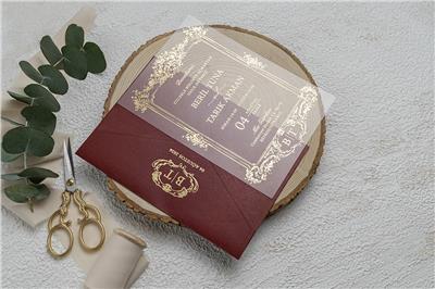 Bordo Zarflı Şeffaf Davetiye
