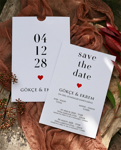 Büyük Dikey Tarihli Save Date Konseptli Beyaz Dokulu Zarf Düğün Davetiyesi
