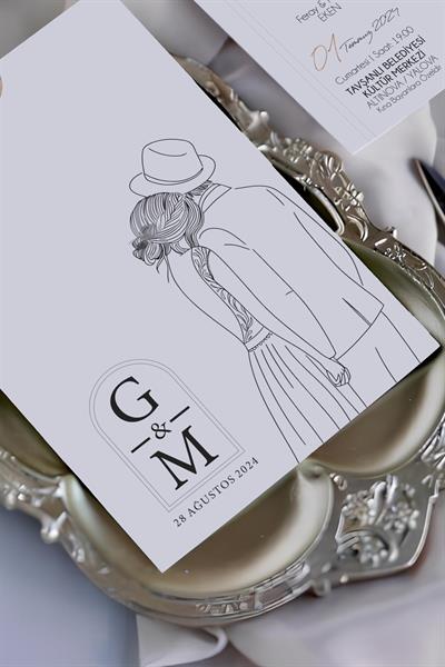 Gelin Damat Figürlü Oval Davetiye