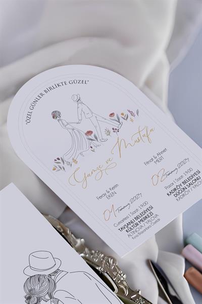 Gelin Damat Figürlü Oval Davetiye