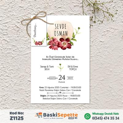 Kırmızı Çiçek Detaylı Zarfsız Davetiye