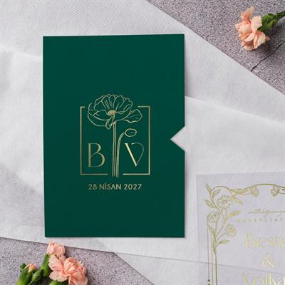 Koyu Yeşil Zarflı Yaldızlı Şeffaf Davetiye