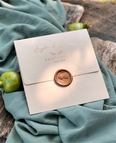 Krem Zarflı Rose Gold Yaldızlı Mühürlü Düğün Davetiyesi