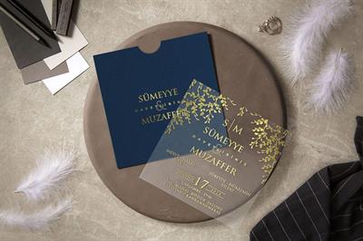 Lacivert Zarflı Yaldızlı Şeffaf Davetiye
