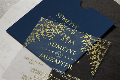 Lacivert Zarflı Yaldızlı Şeffaf Davetiye