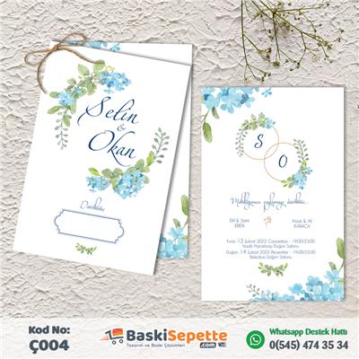 Mavi Çiçek Tasarımlı Çiftli Davetiye