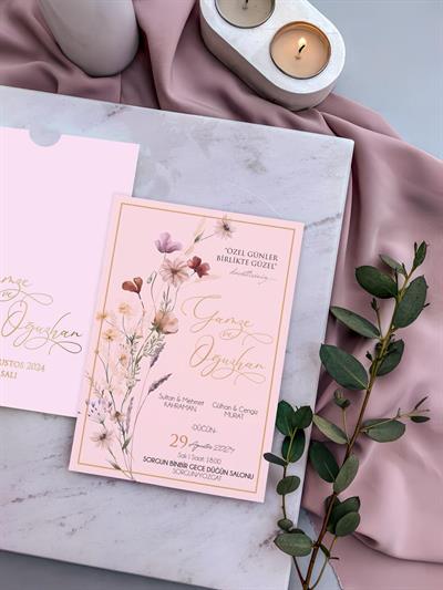 Pembe Yaldız Zarflı Çiçekli Davetiye