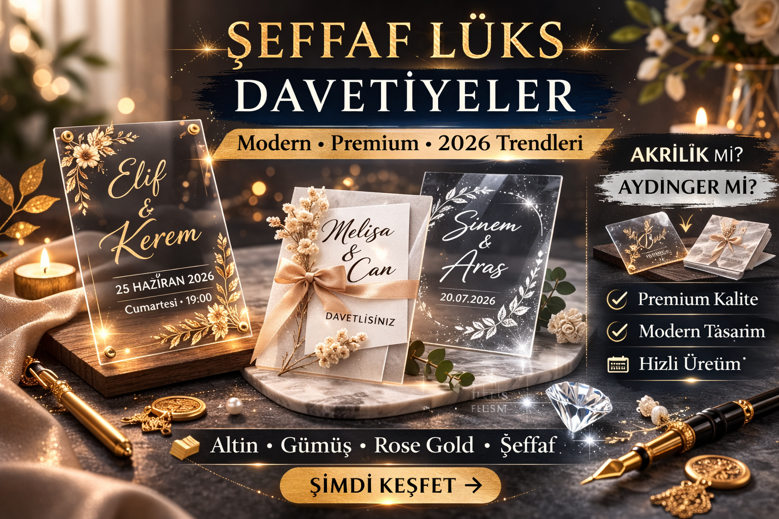 2026 akrilik ve şeffaf lüks düğün davetiyesi fiyatları