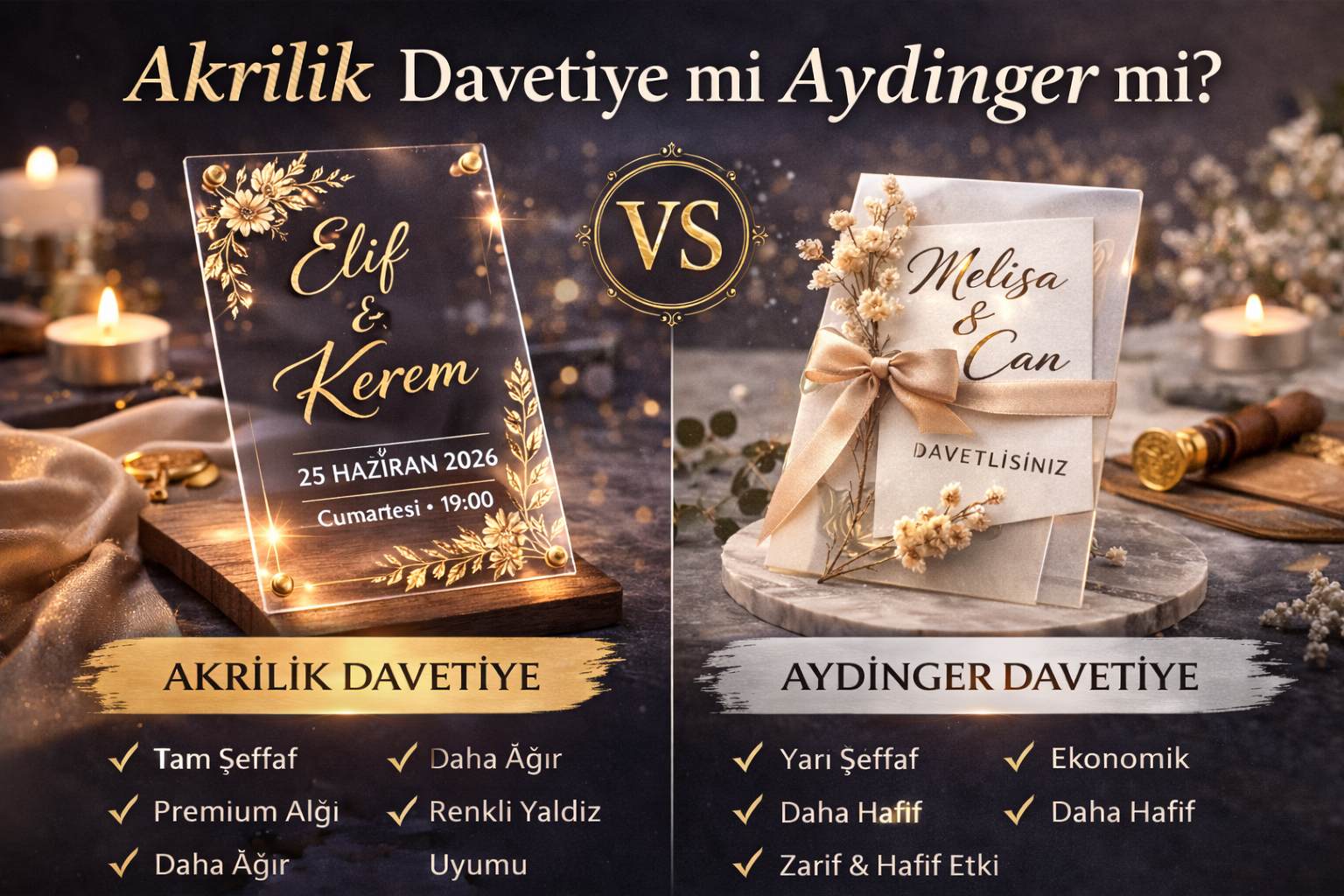 akrilik ve aydınger şeffaf düğün davetiyesi modellerinin karşılaştırması