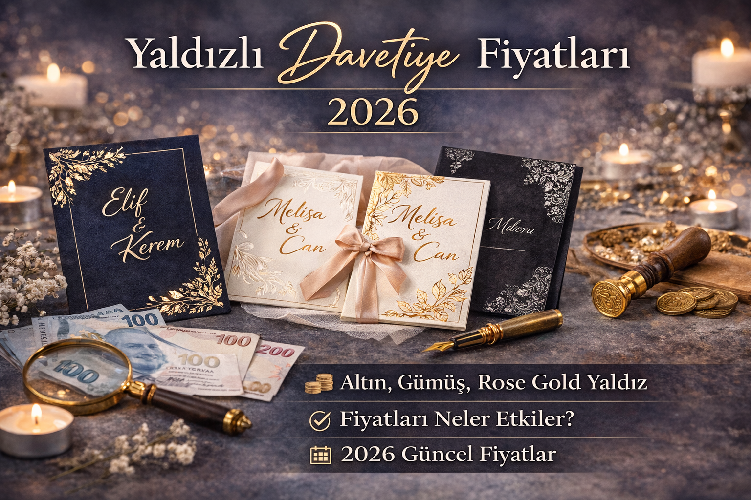 2026 altın ve gümüş yaldızlı lüks düğün davetiyesi modelleri ve fiyatları