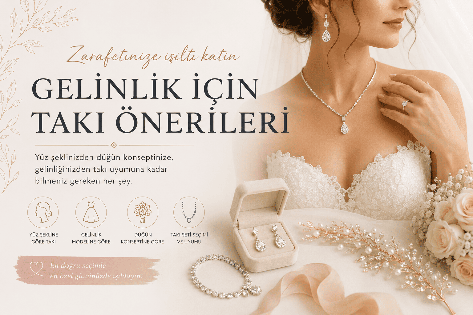Gelinlik için takı önerileri rehberi kapak görseli,Gelinlik modeline göre takı seçimi örnekleri,Straplez gelinlik için kolye ve küpe seçimi,Yüz şekline göre gelin küpesi modelleri,İnci gelin takıları ve zarif gelin aksesuarları,Minimal gelin takıları ve sade gelin aksesuarları,Düğün konseptine göre gelin takıları,Gelin takı seti seçimi ve takı uyumu