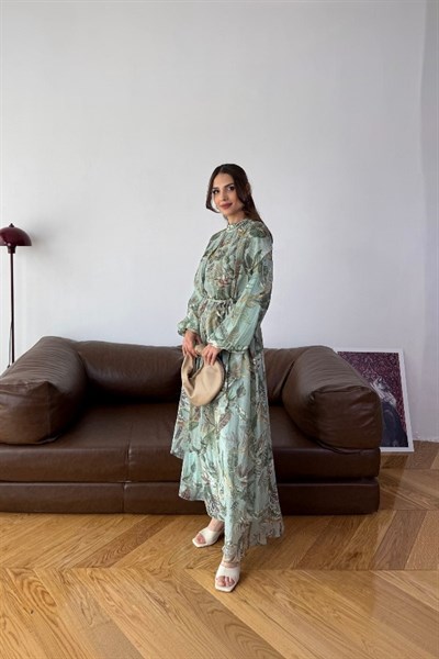 Alvin Model Yaprak Desenli Yeşil Elbise