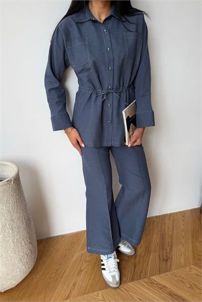 Denim Büzgülü Gömlek Lacivert