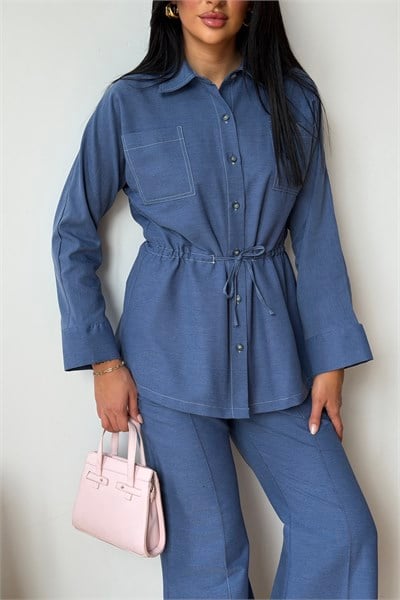 Denim Büzgülü Gömlek Mavi