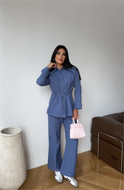 Denim Büzgülü Gömlek Mavi