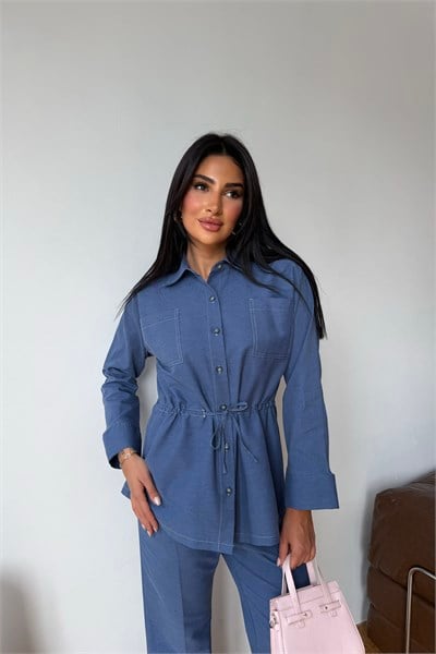 Denim Büzgülü Gömlek Mavi