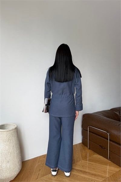 Denim Nervürlü Pantolon Lacivert