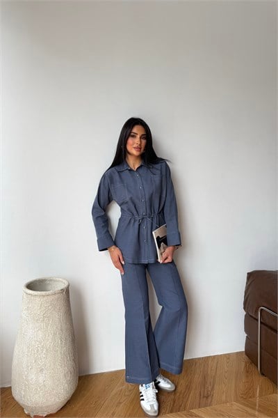 Denim Nervürlü Pantolon Lacivert